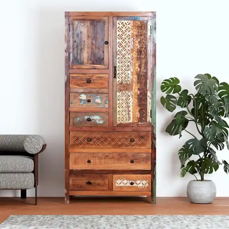 Antique White / Brown Solid Wood Armoire with 7 Drawers & 2 Doors