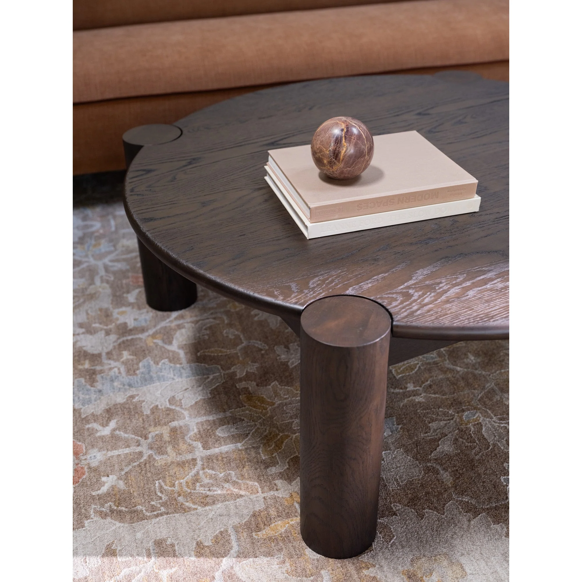 Organic Modern Solid Oak Coffee Table with Bullnose Round Top & Column Legs for Living Room
