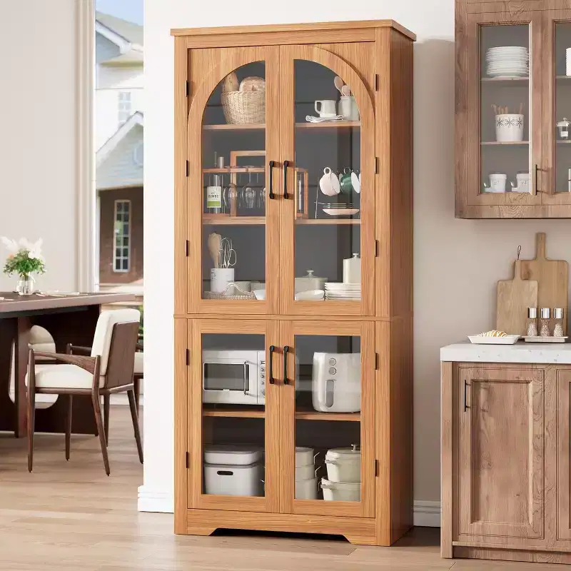 70 Tall Kitchen Pantry Cabinet - with 4 Arched Glass Doors and Adjustable Shelves, for Kitchen, Dining Room, Living Room, Bathroom