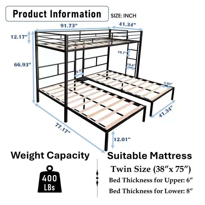 Twin Over Twin Triple Bunk Beds for 3 Kids, Metal with Wood Slats & Table, Black
