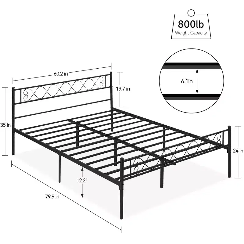 1-Piece Modern Metal Bed Frame - 13.7 Underbed Storage, Headboard & Footboard with Metal Slats, No Box Spring Needed