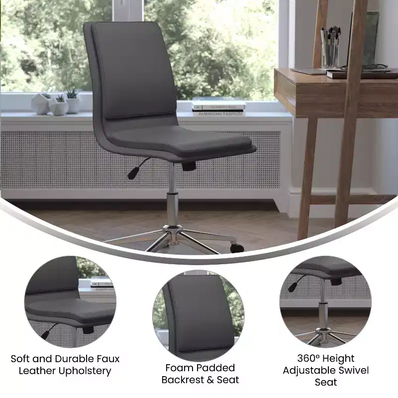 Mid-Back Armless Swivel Task Office Chair Bonded Leather Adjustable Metal Base