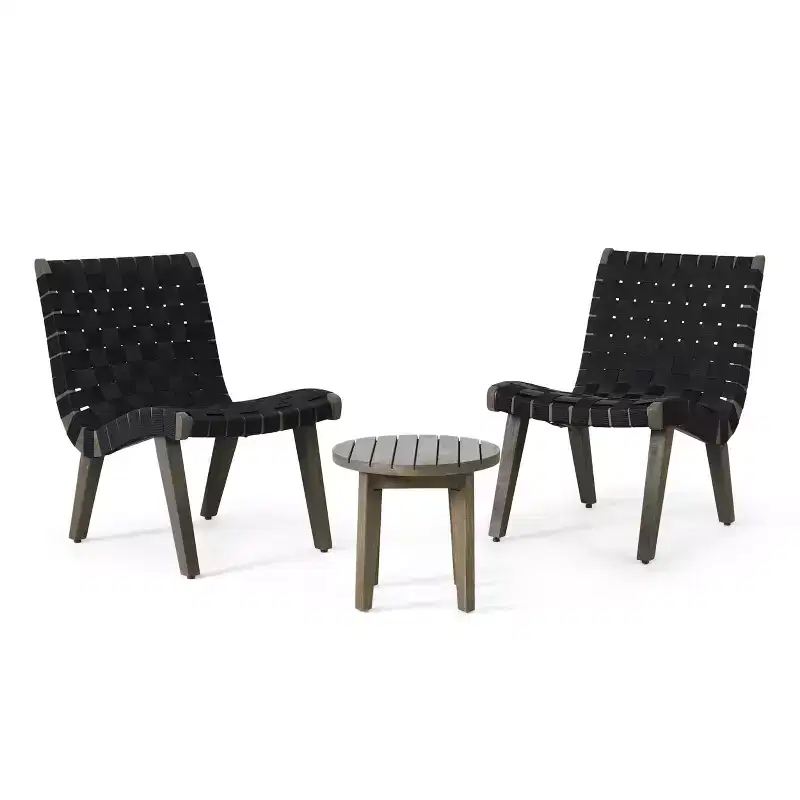 GDFStudio Ocilla Outdoor Acacia Wood and Rope Weave 3 Piece Chat Set, Black/Gray