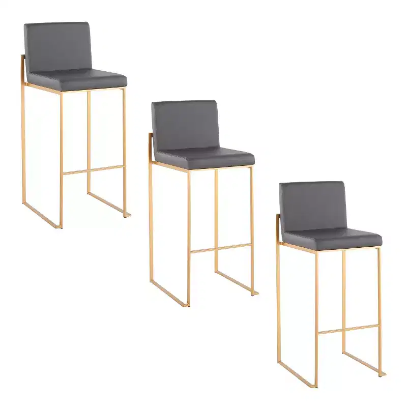 LumiSource Set of 3 Fuji High Back Barstools Gold Steel/Gray PU