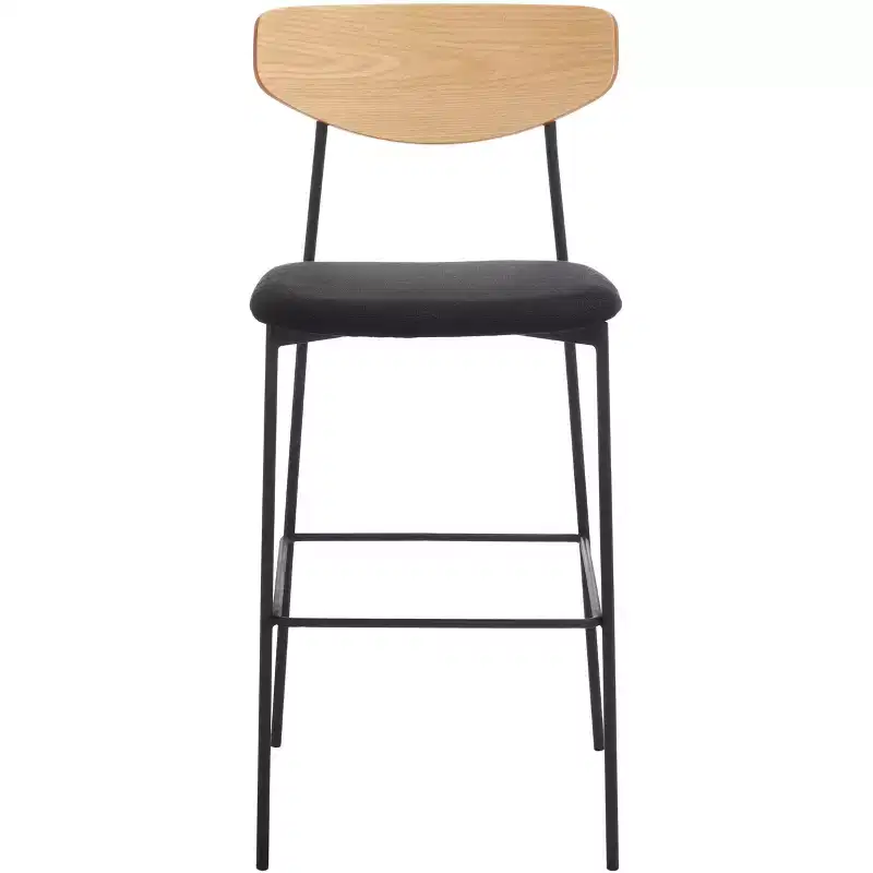Barstool, Walnut Backrest, Black Polyester Seat, Iron Frame, Footrest, 30
