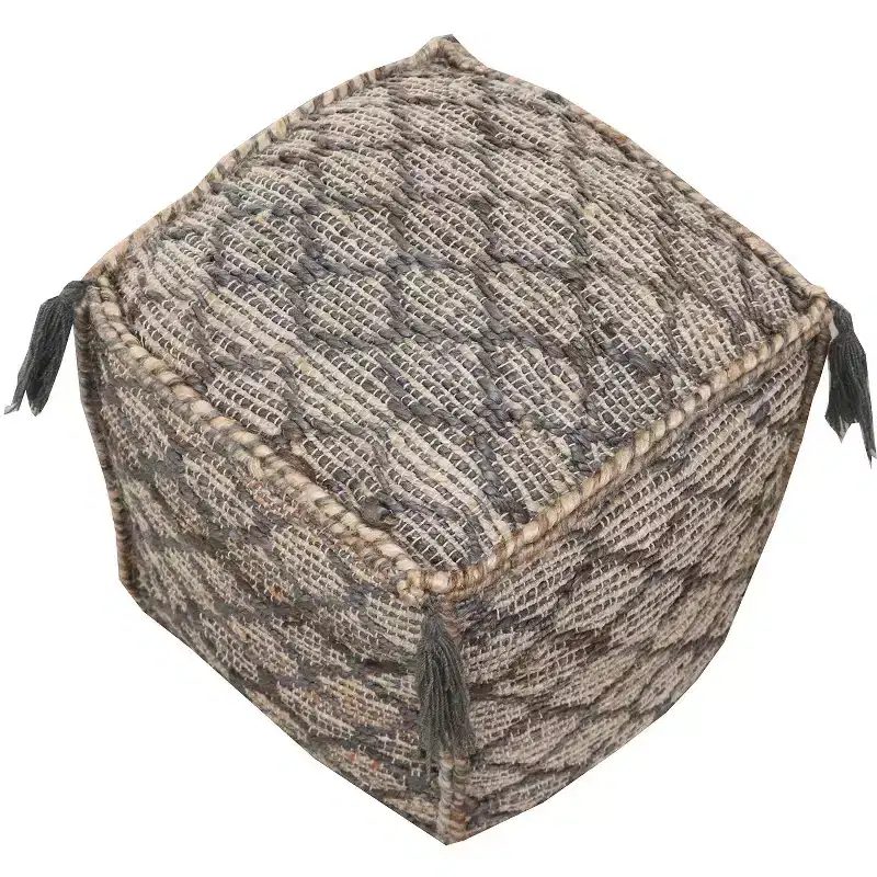 HomeRoots 18 Natural Gray And Taupe Jute Cube Trellis Pouf Ottoman