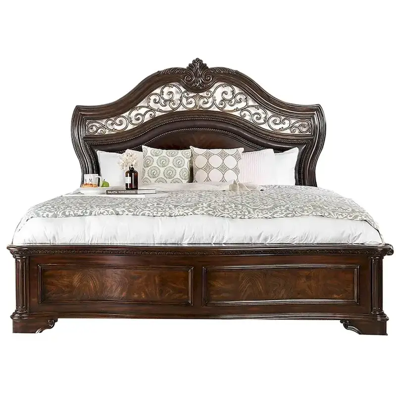 Eastern King Wooden Bed with Intricate Carved Headboard, Brown