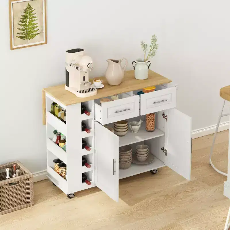 Multi-Functional Kitchen Island with 2 Door Cabinet and 2 Drawers, Kitchen Cart with Spice Rack, Towel Holder and Foldable Wooden Top, White