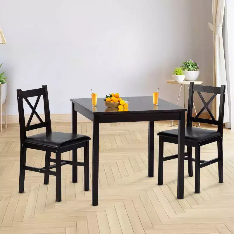 FDW 3/5-Piece Dining Table Set with Solid Pine Wood Construction and Faux Leather Chairs, Dark Brown