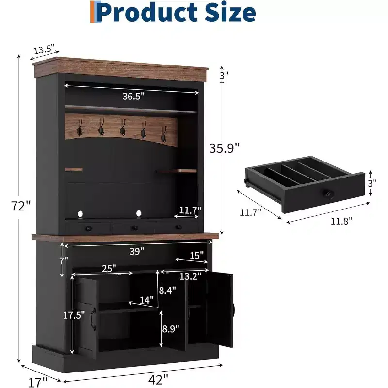 72 Tall Farmhouse Style Coffee Bar Cabinet with LED Lights, Kitchen Buffet Featuring Doors and Drawer, Adjustable Shelves, Spacious Storage