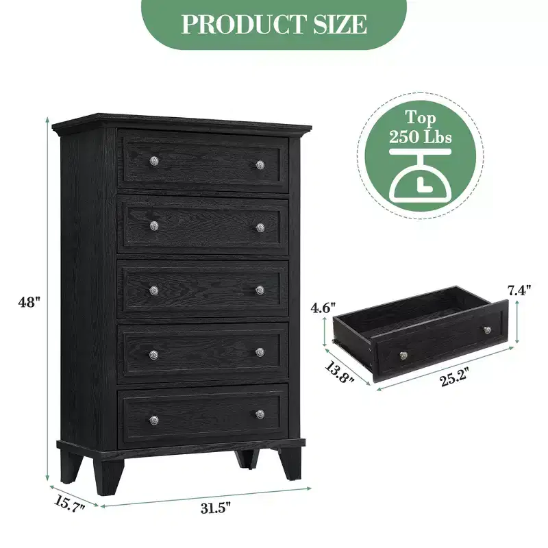 Modern 48 Tall Wood 5-Drawer Dresser, Deep Chest of Drawers with Metal Handles for Bedroom & Living Room