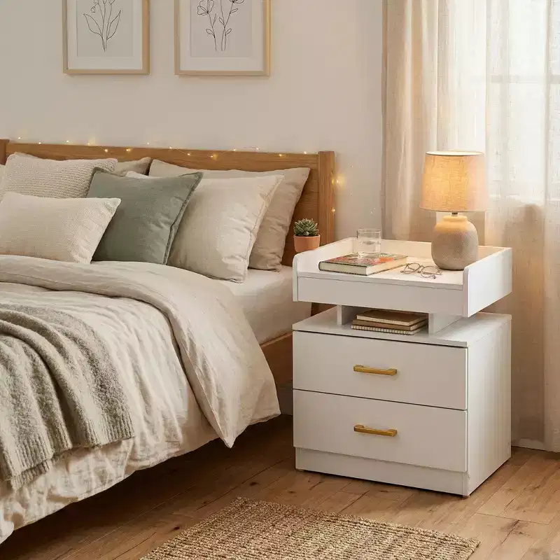 FurnitureR Nightstand with LED Lights & USB Charging, Floating Design Bedside Table with 2 Drawers, Modern End Table for Bedroom Living Room Office