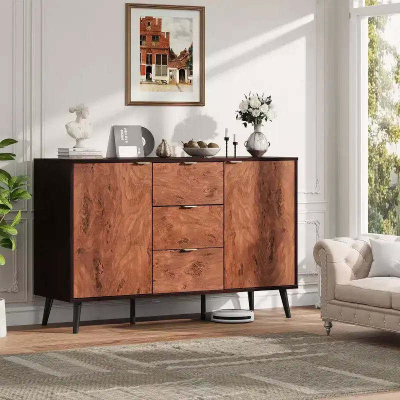 Sideboard Buffet Cabinet with Drawers and Shelves, Credenza Storage Coffee Bar with Metal Handles, Robot Vacuum Friendly for Kitchen and Dining