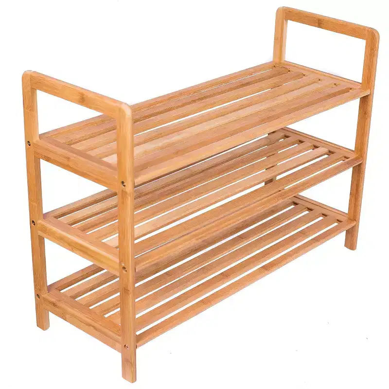 3-Tier Freestanding Bamboo Shoe Rack with Handles, Holds 9 Pairs
