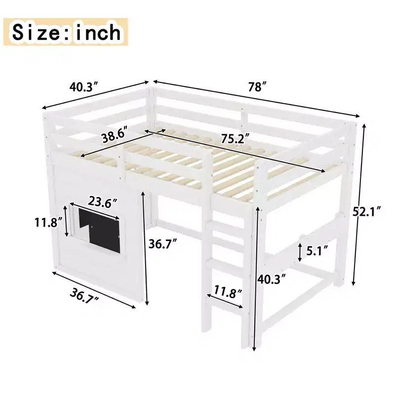 Kids Loft House Bed with Chalkboard | Twin/Full Wood Bed Frame with Play Space & Built-in Bookshelf | Cabin-Style Bunk for Boys & Girls
