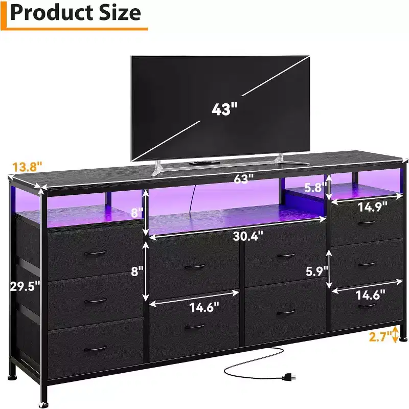 10-Drawer Dresser for Bedroom,63.3 TV Stand for 65-75 TVs,Fabric Chest,Entertainment Center for Bedroom & Living Room