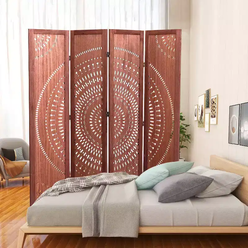 MAYEERTY 4 Panel Solid Wood Folding Room Divider Brown for Home Office