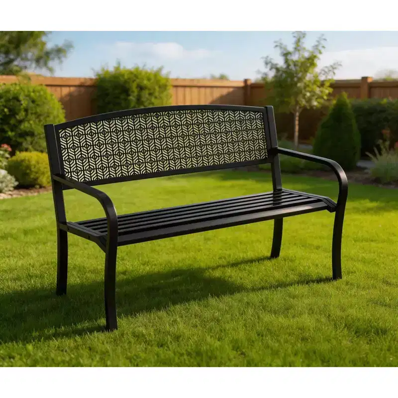 50 Weather-Resistant Metal Garden Bench, Outdoor Steel Patio Seating w/ Curved Backrest & Decorative Pattern for Porch, Yard, Park & Deck
