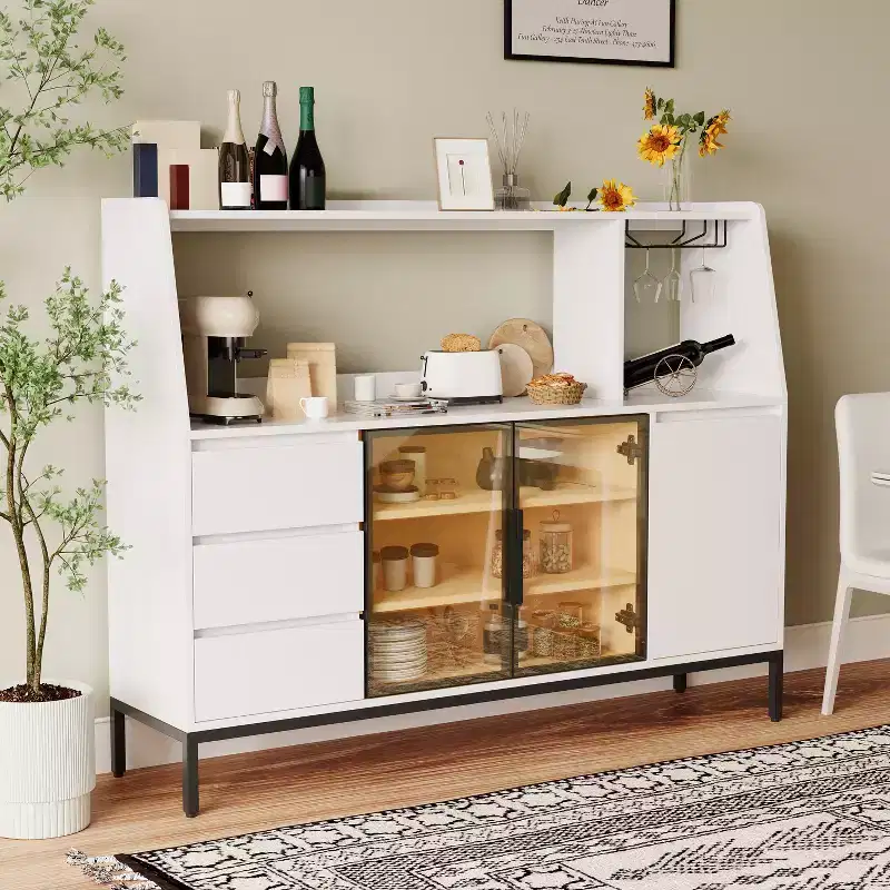 Wooden Buffet Storage Cabinet with Glass Doors, Cup Holder and 3 Drawers