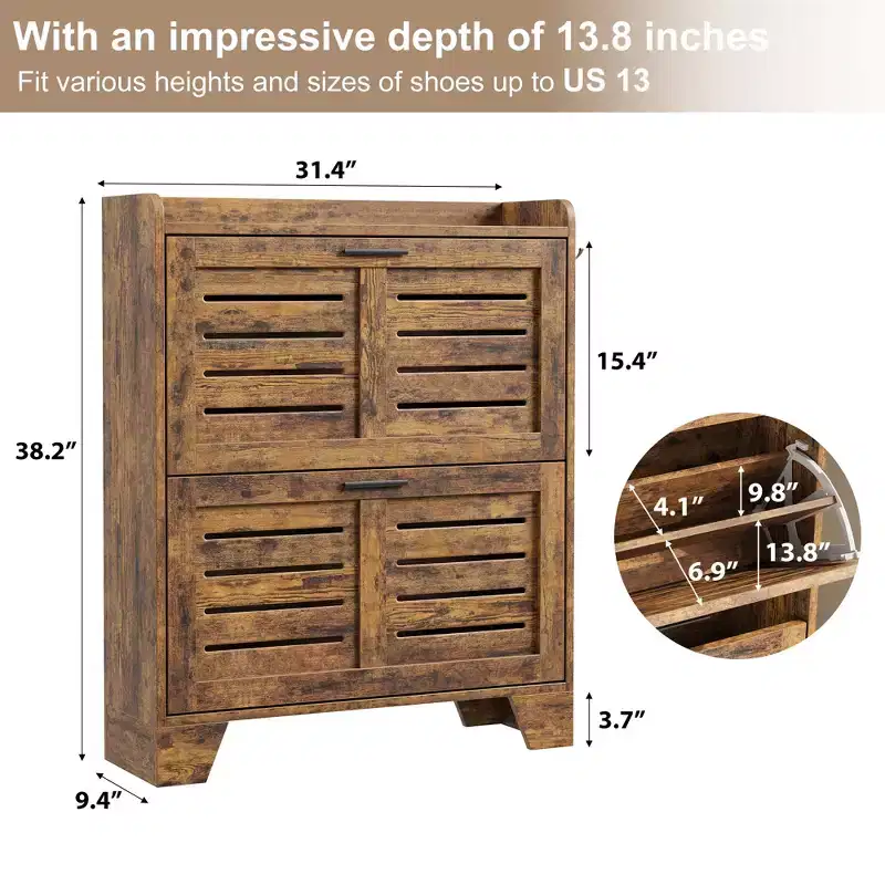 Shoe Storage Cabinet with 2 Flip Drawers, Freestanding Hidden Slim Shoe Organizer Cabinet with Hooks for Foyer, Hallway, Garage