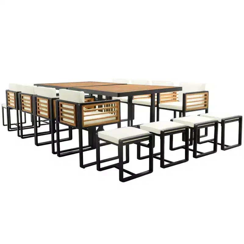 GDFStudio Ernest Patio Modern Acacia Wood 18-Piece Dining Set with 2 Tables, 8 Cushioned Chairs and 8 Ottomans