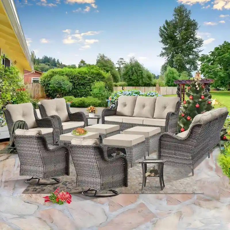 12 Piece Wicker Outdoor Patio Furniture Sets with Swivel Rocker Chairs