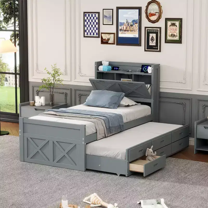 Twin Wooden Bed, Extendable Bed Frame with Twin Size Trundle, Storage Headboard, Three Drawers