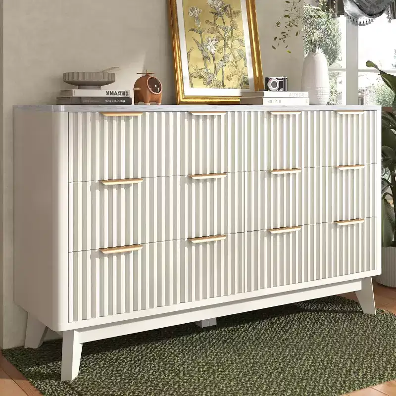 Fluted 6-Drawer Dresser with Faux Marble Top, 54 Wide Chest of Drawers for Bedroom, Living Room, Hallway, Entryway,White