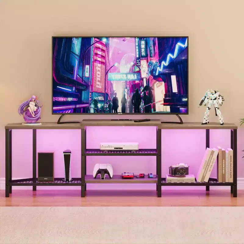 TV Stand with 4 Open Storage Shelves, Corner Entertainment Center with Power Outlet
