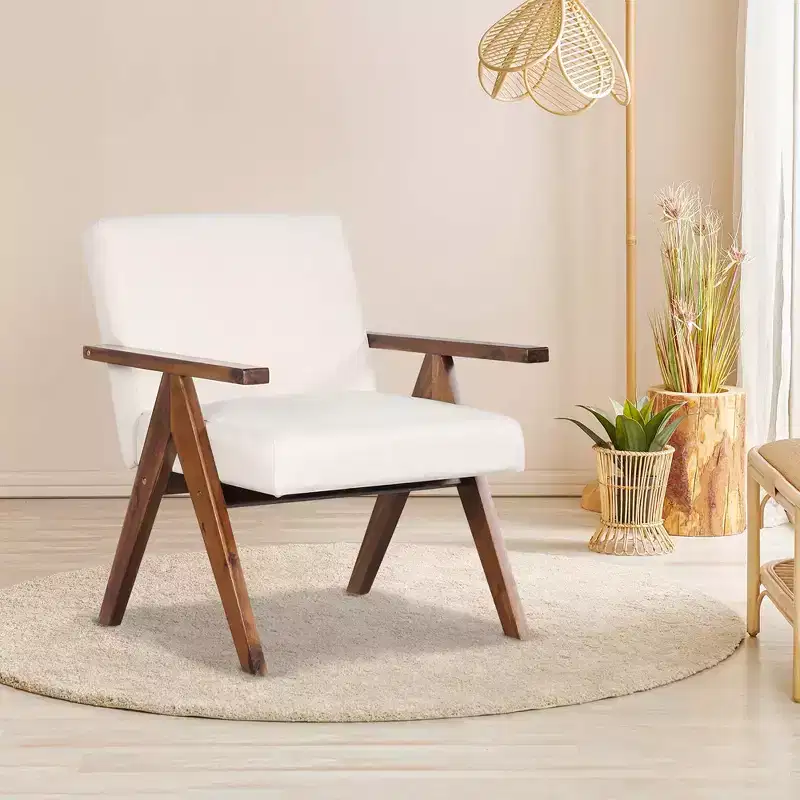 Costway 1 PCS Modern Accent Chair Linen Fabric Armchair with Solid Acacia Wood Frame Beige/Grey