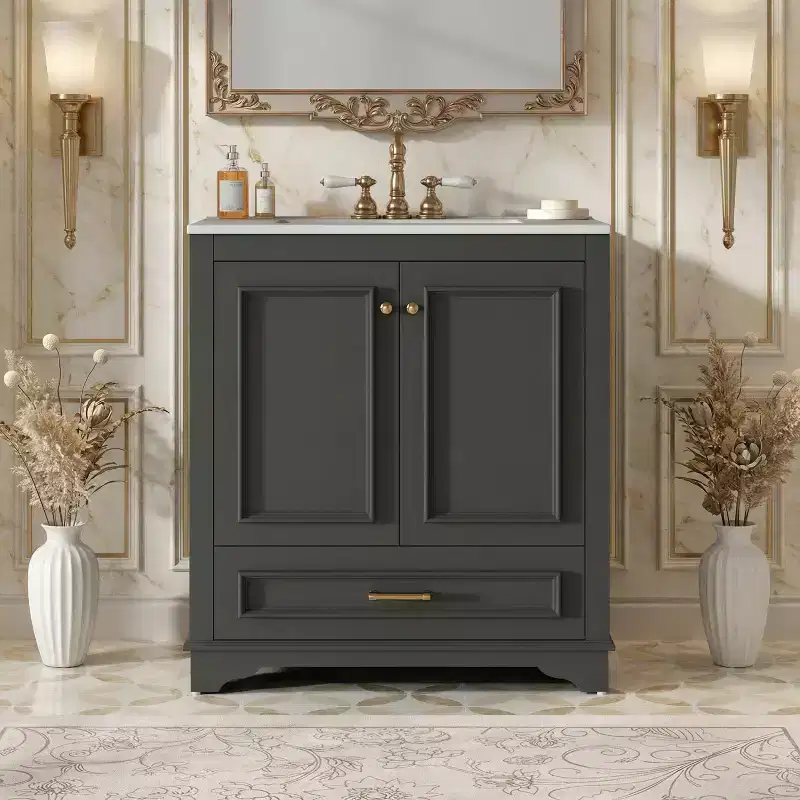 JVNOXK 30 Solid Wood Frame Bathroom Vanity with Ceramic Sink & 2 Soft-Close Doors