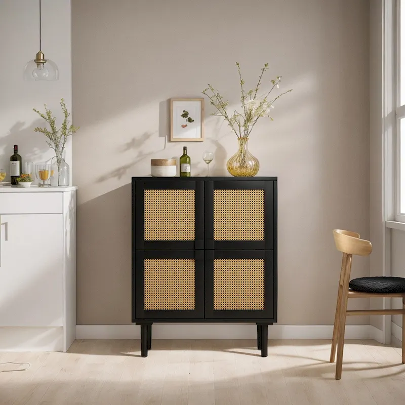 4-Doors Rattan Mesh Storage Cabinet, Sideboard with Eight Storage Spaces