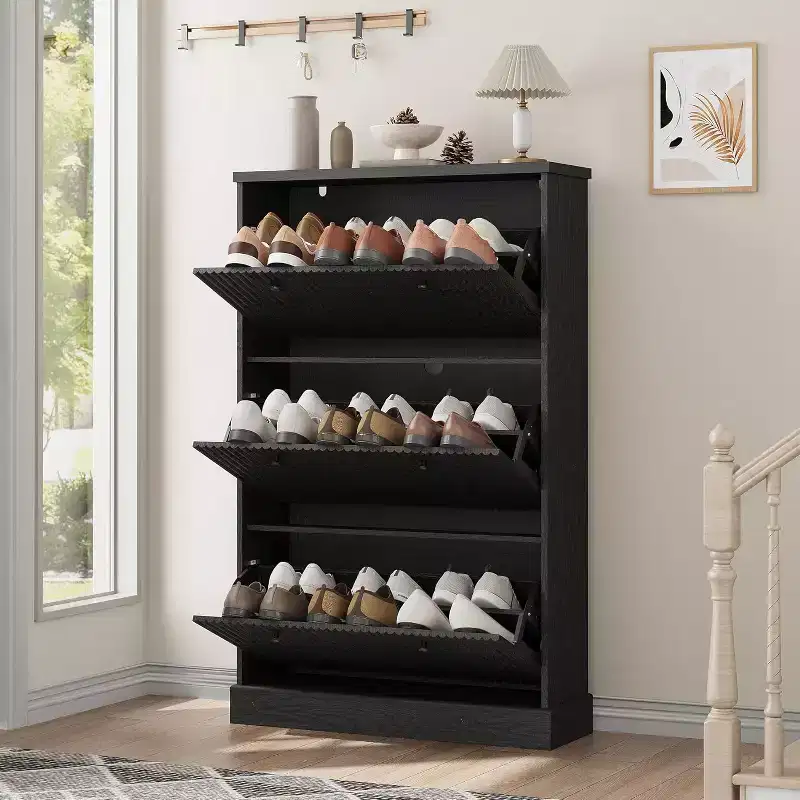 Modern 3-Door Flip-Down Shoe Cabinet with Fluted Design. Adjustable Shelves in a Narrow Freestanding Organizer for Entryway or Hallway.