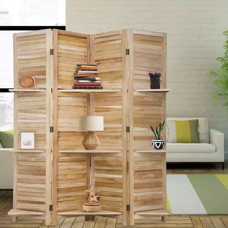 FDW Room Divider 4 Panel Folding Privacy Wooden Screen with 3 Clever Shelves Portable Partition for Home Office or Living Room