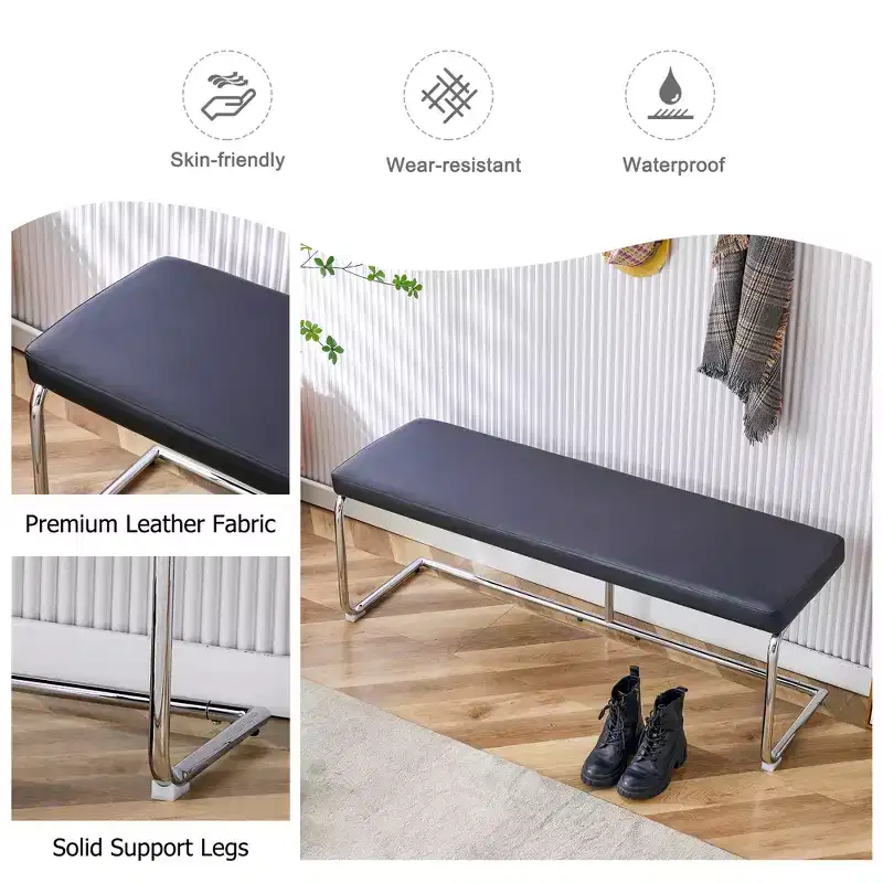 Leather Bench with Silver Metal Legs