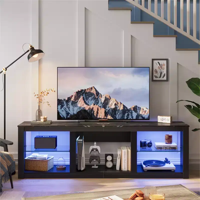 Bestier 71 TV Stand Modern Entertainment Center for TVs up to 75 with LED Light, TV Console Table with Storage Shelves for Living Room