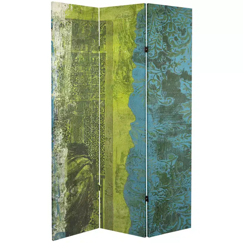6" Double Sided Philosopher's Gate Canvas Room Divider Green: Oriental Furniture, Adjustable 3-Panel Screen