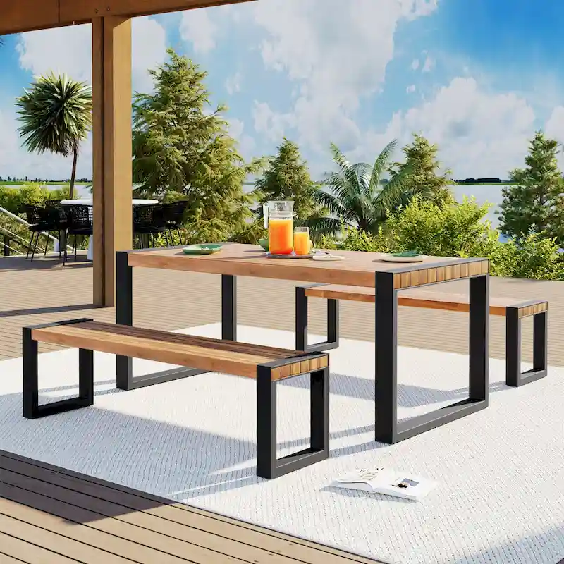 3-pieces Outdoor Dining Table with 2 Benches, Acacia Wood Top & Steel Frame