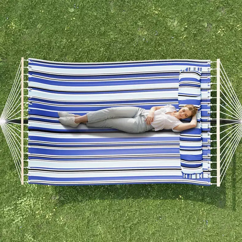 Double Hammock with Stand for 2 Adults C Heavy Duty, Portable, Quilted Fabric Hammock Bed C Freestanding Outdoor Patio, Yard, Lawn, or Camping
