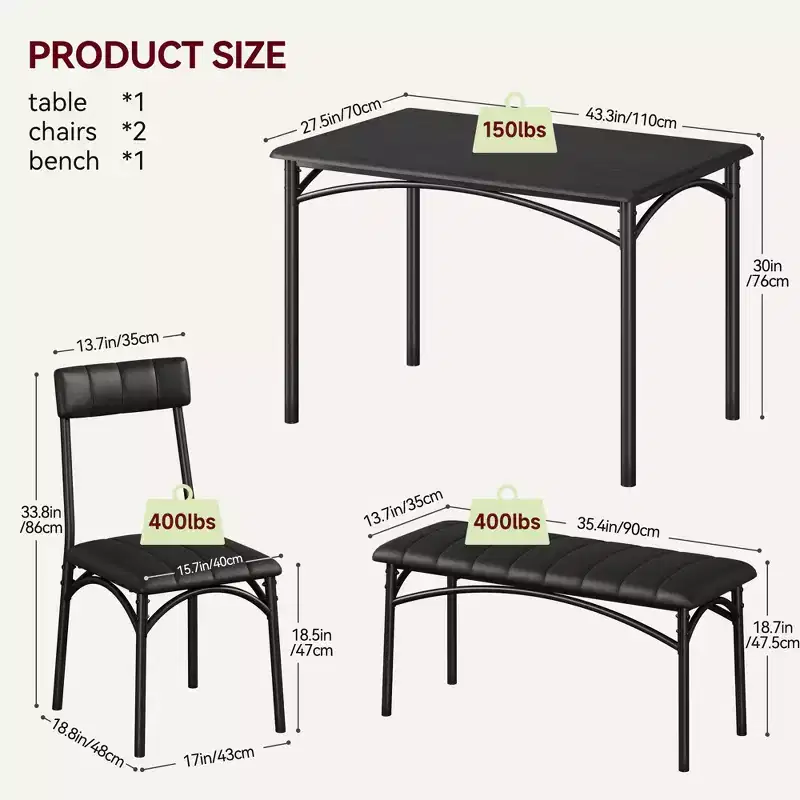 Dining Table Set for 4, Small Dining Table Set with Upholstered Bench and 2 Chairs, Kitchen Table and Chairs for 4, for Small Space