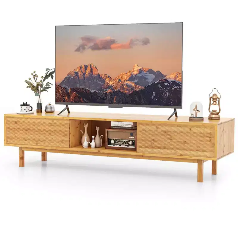 Costway 63 Bamboo TV Stand with 3 Storage Cubes Sliding Doors Mid Century Storage Cabinet