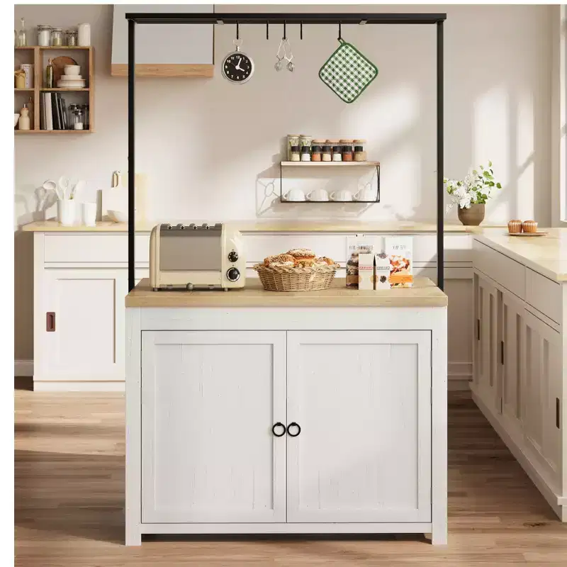 42 Kitchen Island with Storage, Heavy-Duty Multi-Functional Kitchen Cart with 30mm Thick Countertop, 2-Tier Shelves 5 Hooks