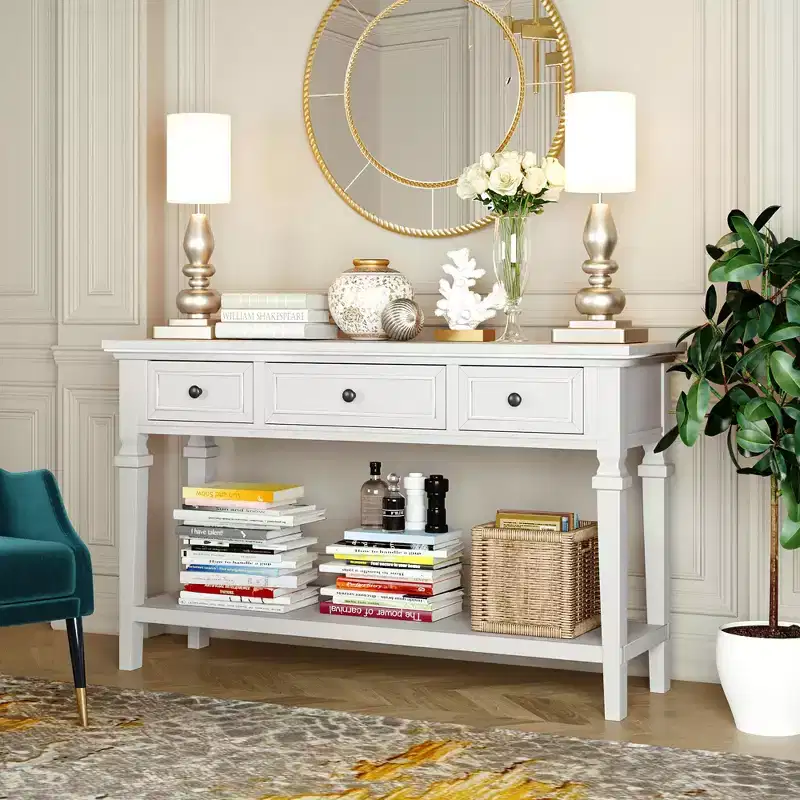 Whisen Classic Retro Style Console Table with 3-Top Drawers and Open Shelf