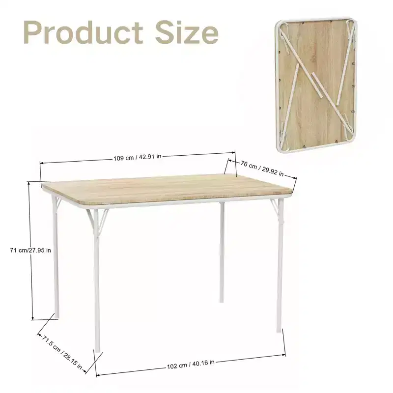 FurnitureR 42.9 Folding Table with MDF Wood Top and Sturdy Metal Legs, Space-Saving Foldable Desk for Dining, Study, Small Apartments & Outdoor Use