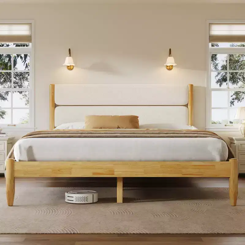 Queen/King Size Platform Bed Frame with Padded Upholstered Headboard, Fleece & Rubber Wood Frame, Ivory & Natural