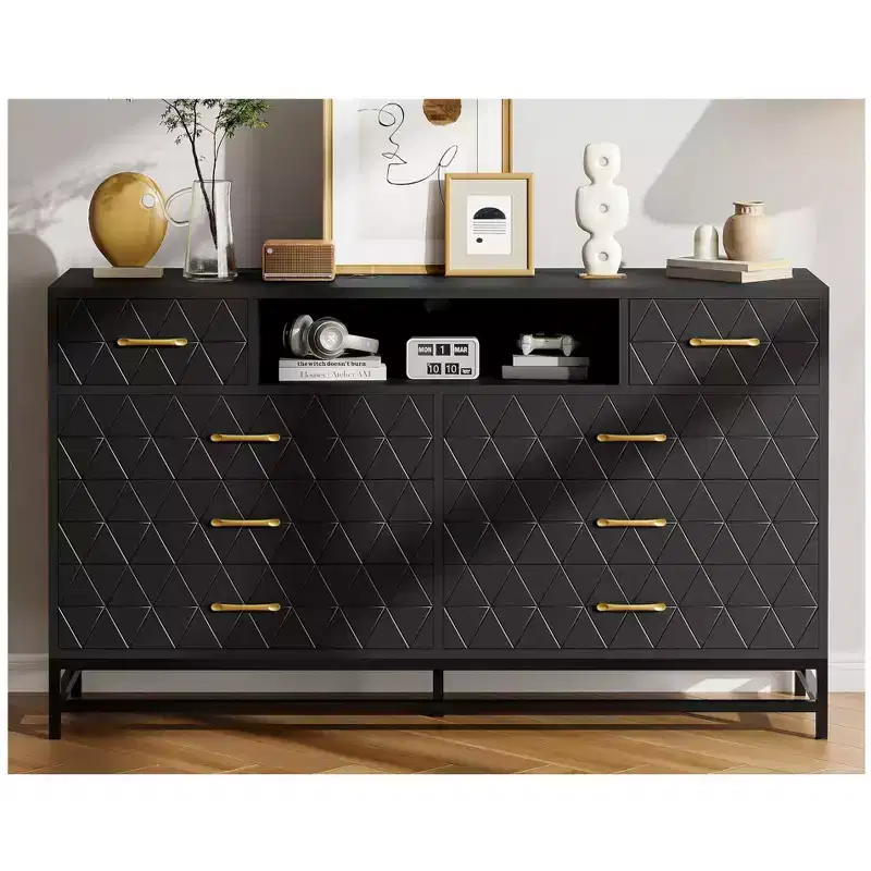 8 Drawer Dresser TV Cabinet with Charging Station & LED Lights, Modern Black Accent Chest for Bedrooms/Living Rooms/Apartments