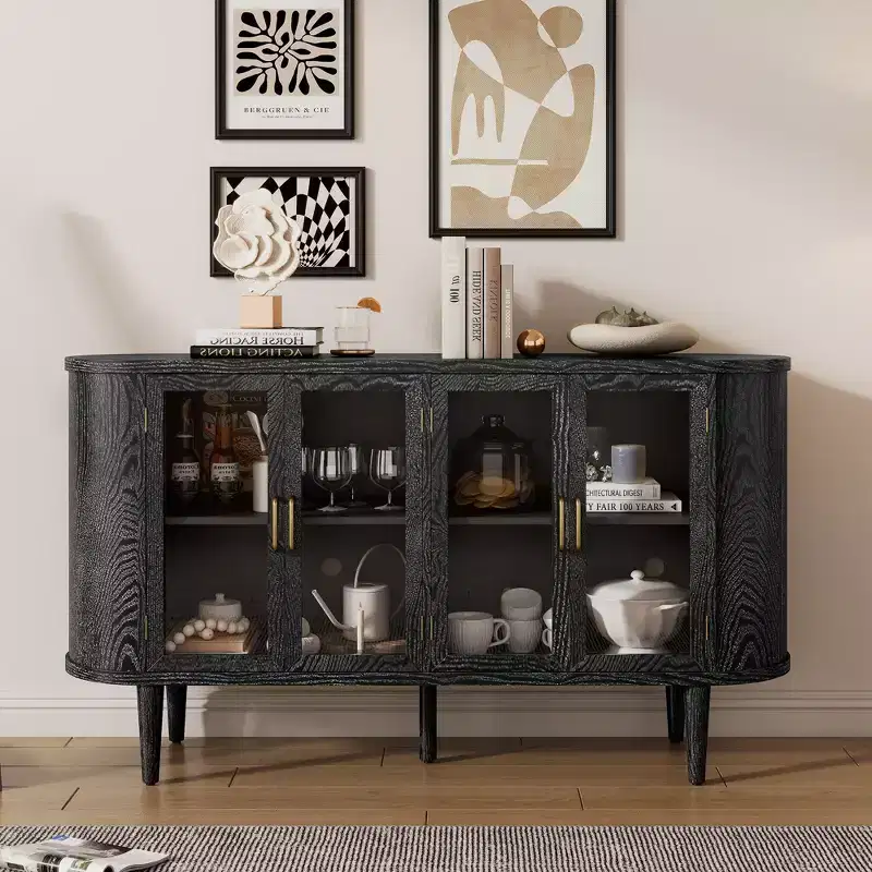 JVNOXK 60-inch Farmhouse-Style Storage Sideboard with Glass Doors and Adjustable Shelves, Wooden Buffet Cabinet for Kitchen, Black