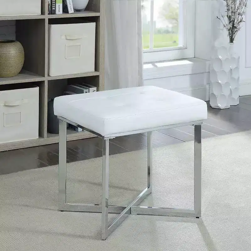 Carolina Living Julia Vanity Bench White/Chrome: Chrome X Base, Padded, Modern Design
