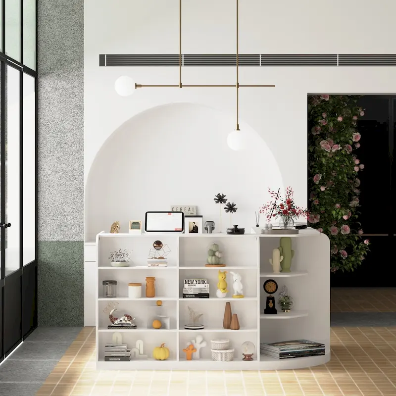 Reception Desk with Open Shelves, Drawer, and Corner Cabinet