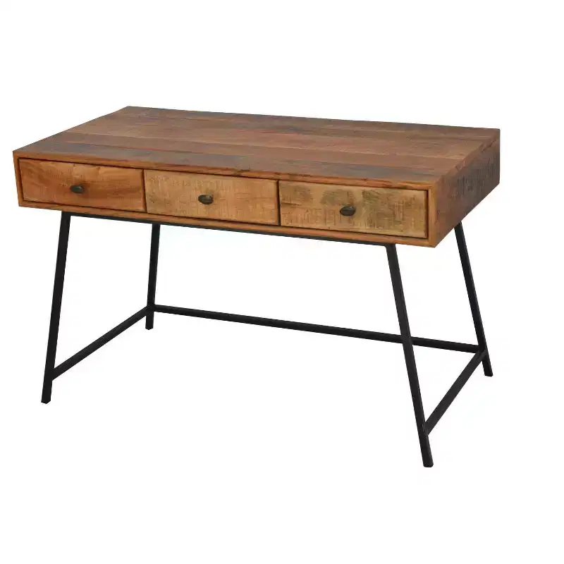 HomeRoots 47 Natural and Black Solid Wood Writing Desk With Three Drawers